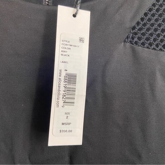 Alice + Olivia Kaine Mesh Insert Asymmetrical Hem Midi Dress Black Size 2 - Picture 7 of 16